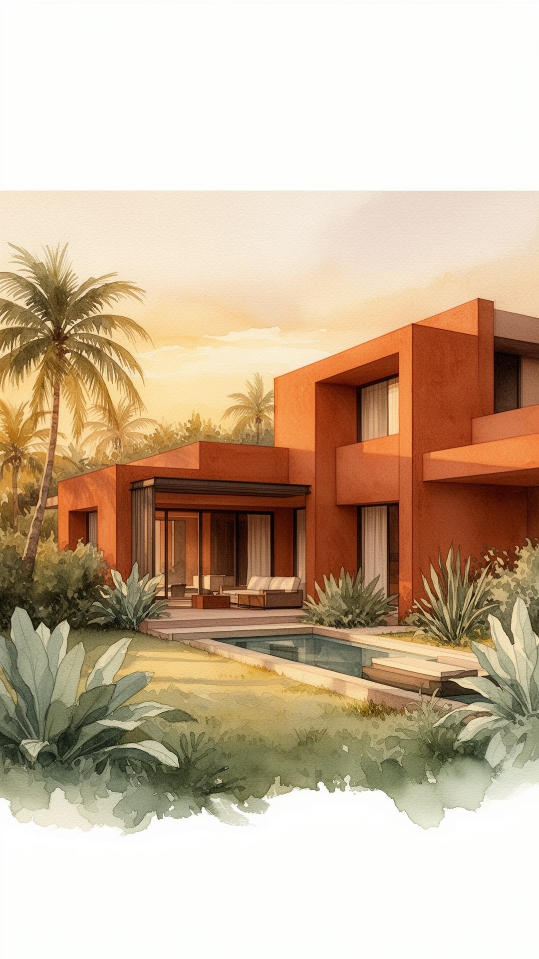 Villa contemporaine en terre cuite, esquisse aquarelle